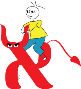 איור של ילד רוכב על האות א' שדומה לשור בצבע אדום