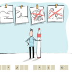 אדם מחזיק טוש גדול ולפניו תלויים על הקיר ארבעה ציורים על שתיים מהם: דובים, יער- מסומן X.