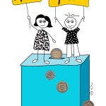 שני ילדים עומדים על קופת צדקה ואוחזים בשלטים צדק