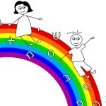 איור של שני ילדים מתגלשים על גבי קשת וענן של אותיות