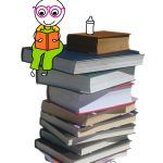 איור של ילד קטן קורא בספר יושב על ערימת ספרים
