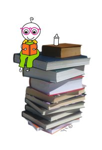 איור של ילד קטן קורא בספר יושב על ערימת ספרים