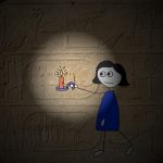 איור של ילדה אוחזת בנר ועל הרקע חרוט כתב עתיק