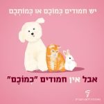 יש חמודים כְּמוֹכֶם או כמותכם. אבל אין חמודים "כָּמוֹכֶם" איור של כלב, חתול וארנב.