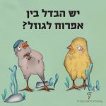 איור של אפרוח צהוב וגוזל ללא נוצות עם כיסוי עיניים מעל לראשו - הכיתוב: יש הבדל בין אפרוח לגוזל?
