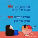איור של גלידה וקרמבו והדגשת המשפט הגלידה היא מעדן של קיץ (ולא הינה), הקרמבו הוא מעדן של חורף (ולא הינו).