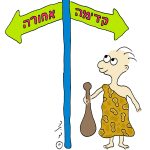 איור של אדם קדמון ועם השלטים קדימה אחורה