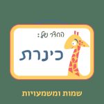 שמות ומשמעויות- כינרת איור שלט על חדר. על השלט איור ג'ירפה וכיתוב "החדר של: כינרת" ומתחתיו כיתוב "שמות ומשמעויות"