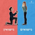 בחור מציע נישואין לבחורה והכיתוב: נישואים, נישואין
