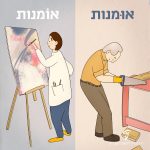 איור של צייר ואיור של נגר ולמעלה הכיתוב אוֹמנוּת ואוּמנוּת