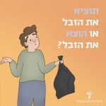 איור של גבר עם שקית זבל והכיתוב: תוציא את הזבל או הוצא את הזבל?