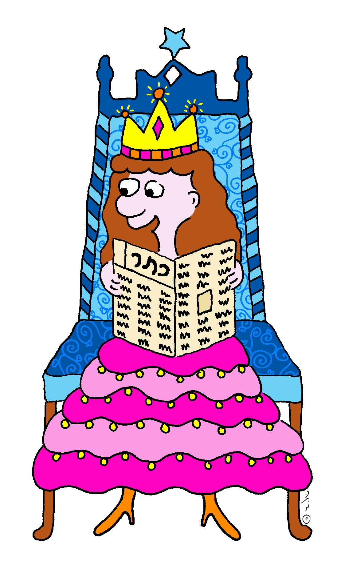 איור של מלכה יושבת על כס וקוראת דך נייר ועליו המילה כתר