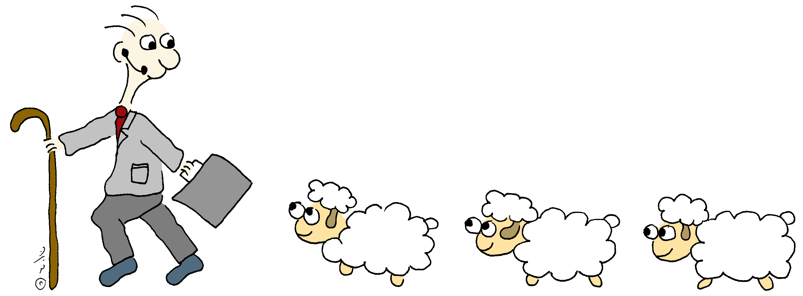 איור רועה בלבוש של מנהלים ואחריו שלושה כבשים - על מנהיגים ומנהלים