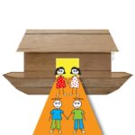 איור של שני זוגות: שני בנים ושתי בנות לפני תיבת נוח